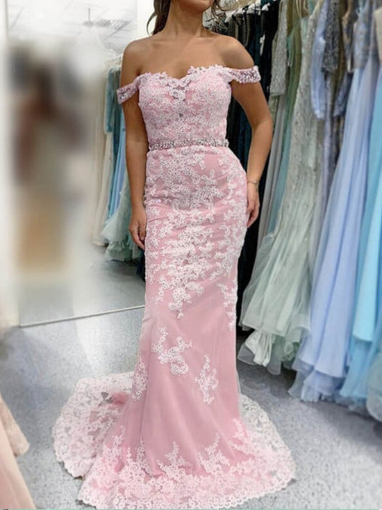 Off Shoulder Mermaid Pink Lace Long Prom Dresses, Mermaid Pink Formal Evening Dresses, Pink Lace Bridesmaid Dresses 
