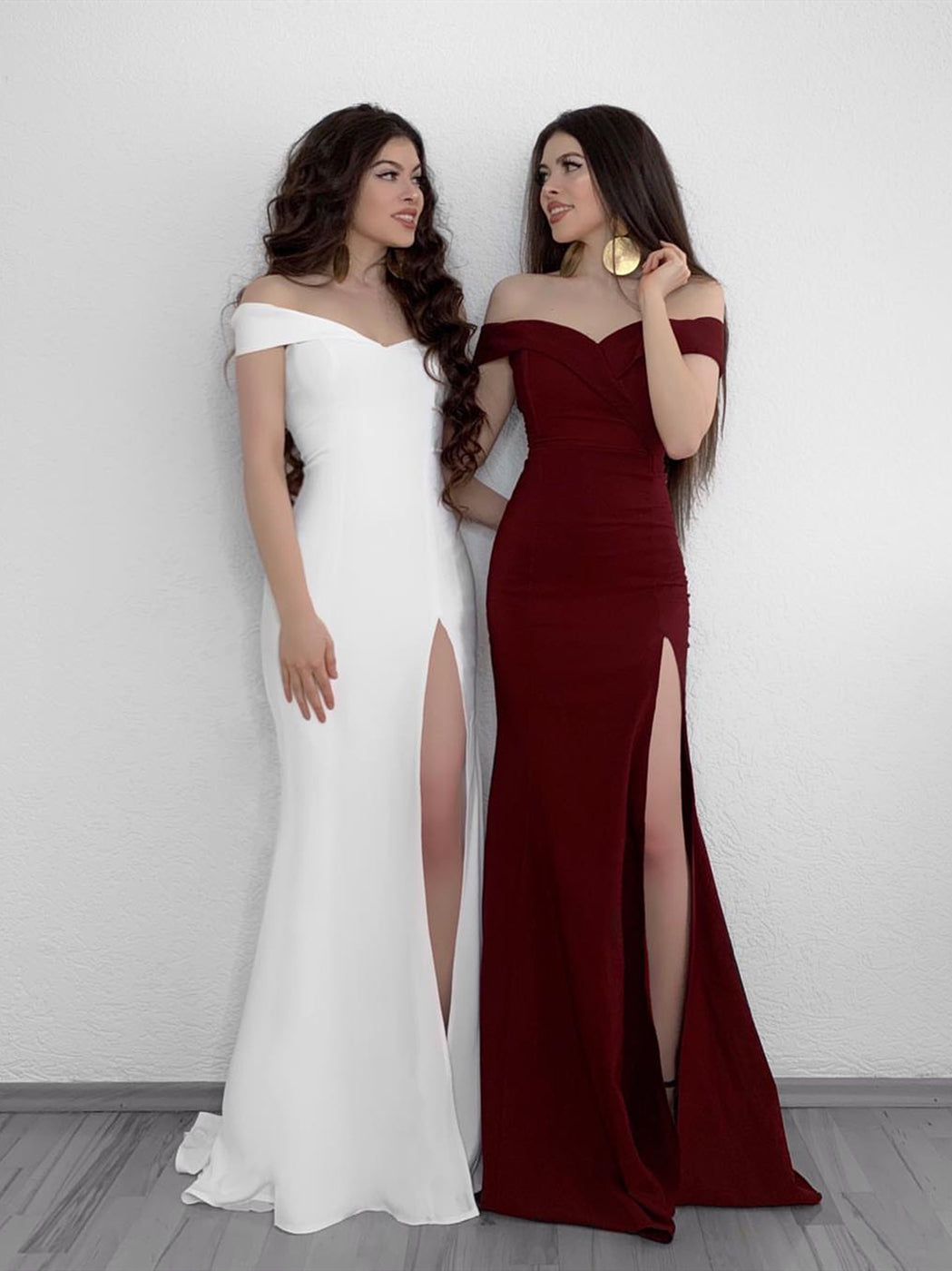 Load image into Gallery viewer, Off Shoulder Mermaid White/Burgundy Prom Dresses with Side High Slit, Off Shoulder White/Burgundy Bridesmaid Dresses, Graduation Dresses
