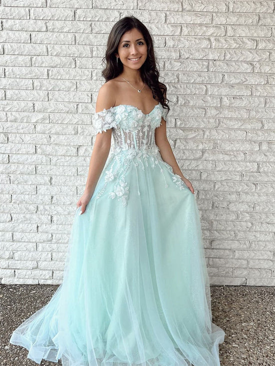 Off Shoulder Mint Green Tulle Lace Floral Long Prom Dresses, Mint Green Formal Graduation Evening Dresses with Appliques 