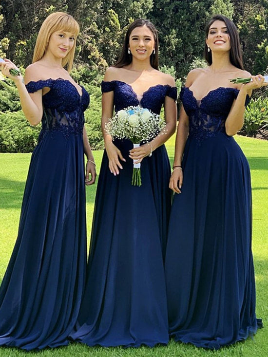 Off Shoulder Navy Blue Lace Beaded Prom Dresses, Navy Blue Lace Bridesmaid Dresses, Long Navy Blue Formal Graduation Evening Dresses 