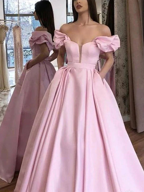 Off Shoulder Pink Satin Long Prom Dresses, Off the Shoulder Pink Formal Dresses, Pink Evening Dresses 