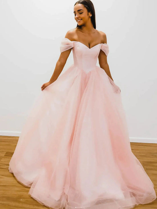 Off Shoulder Pink Tulle Long Prom Dresses, Pink Tulle Formal Graduation Evening Dresses 