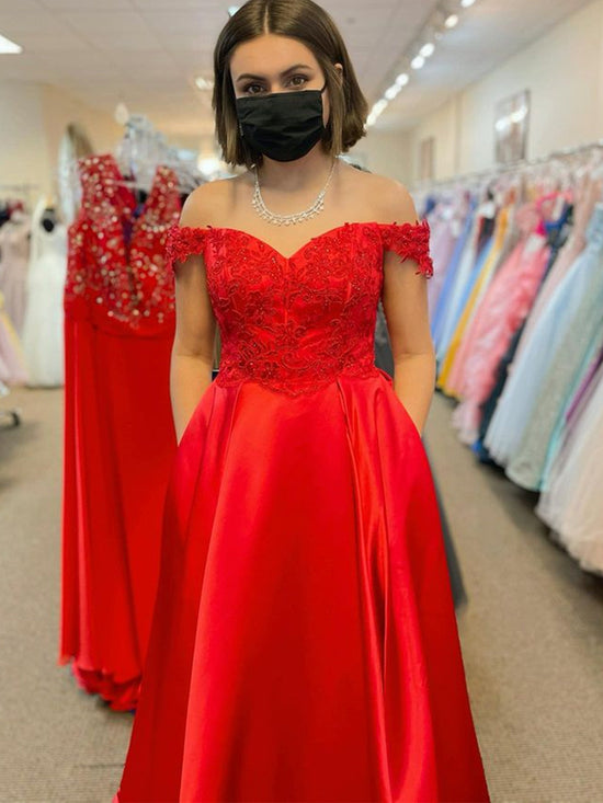 Off Shoulder Red Lace Long Prom Dresses with High Slit, Red Lace Formal Dresses, Red Evening Dresses 