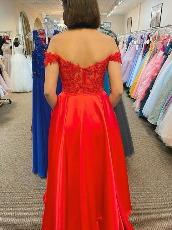 Off Shoulder Red Lace Long Prom Dresses with High Slit, Red Lace Formal Dresses, Red Evening Dresses 