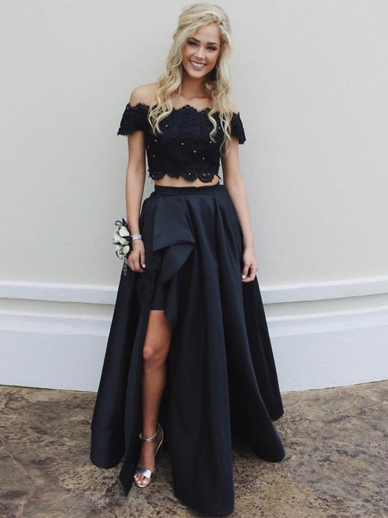 Off Shoulder Two Pieces Lace Top Long Black Prom Dresses with  High-Low Two Pieces Lace Black Formal Dresses, Black Lace Evening Dresses