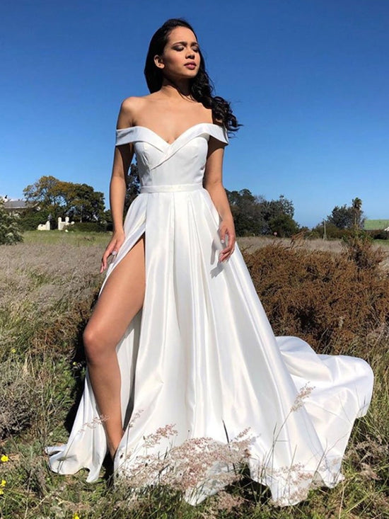 Load image into Gallery viewer, Off Shoulder White Satin Long Prom Dresses with High  Off the Shoulder White Formal Graduation Evening Dresses
