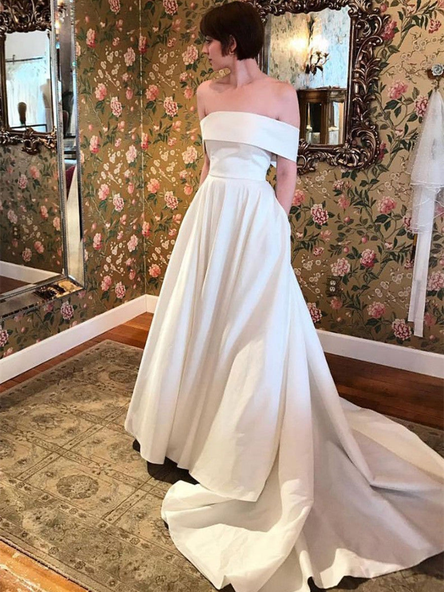 Load image into Gallery viewer, Off Shoulder White Satin Long Prom Dresses with Train, Off Shoulder White Wedding Dresses, White Formal Dresses, Evening Dresses
