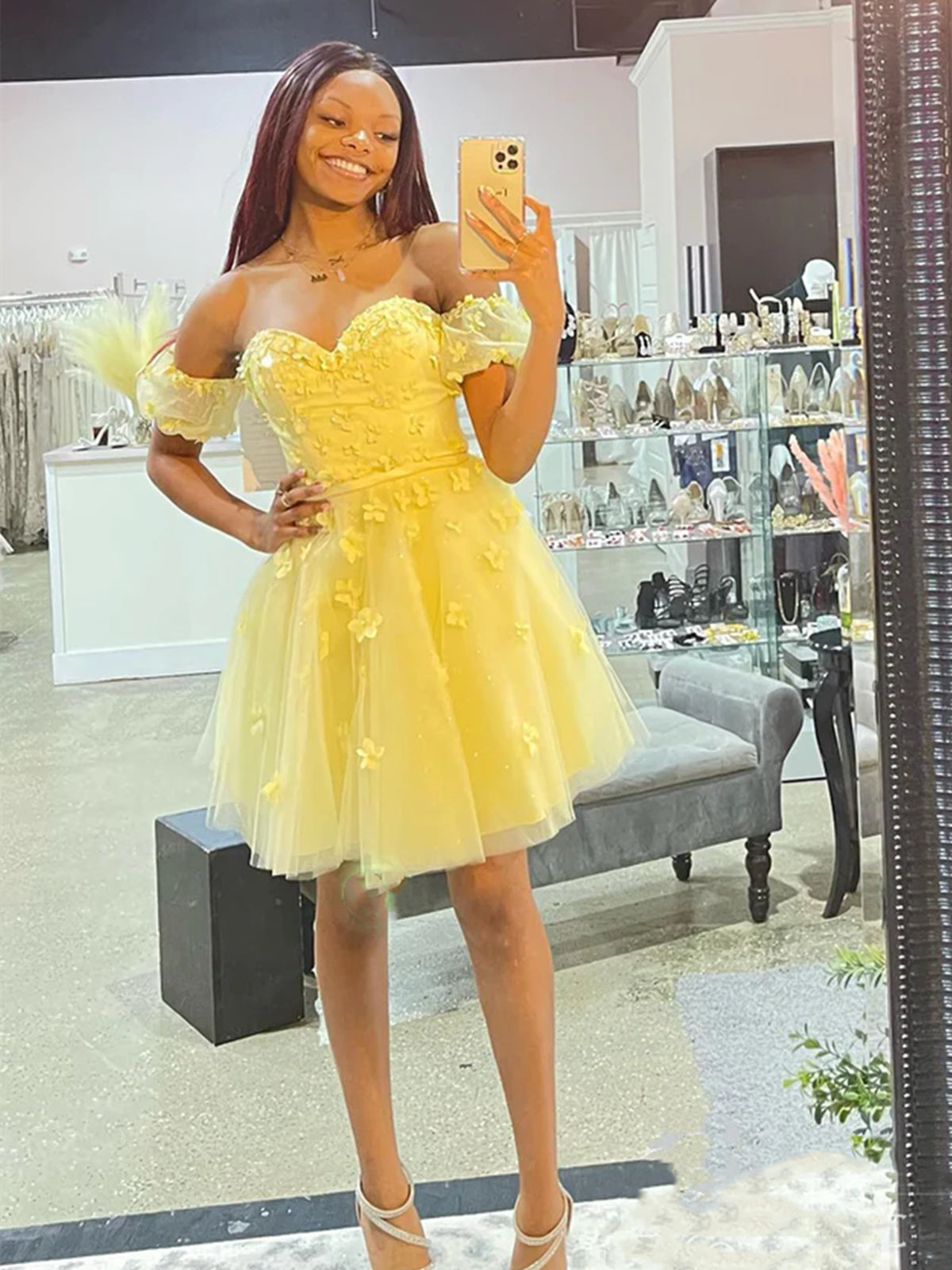 Off Shoulder Yellow Lace Floral Prom Dresses, Yellow Lace Homecoming Dresses, Short Yellow Formal Evening Dresses 