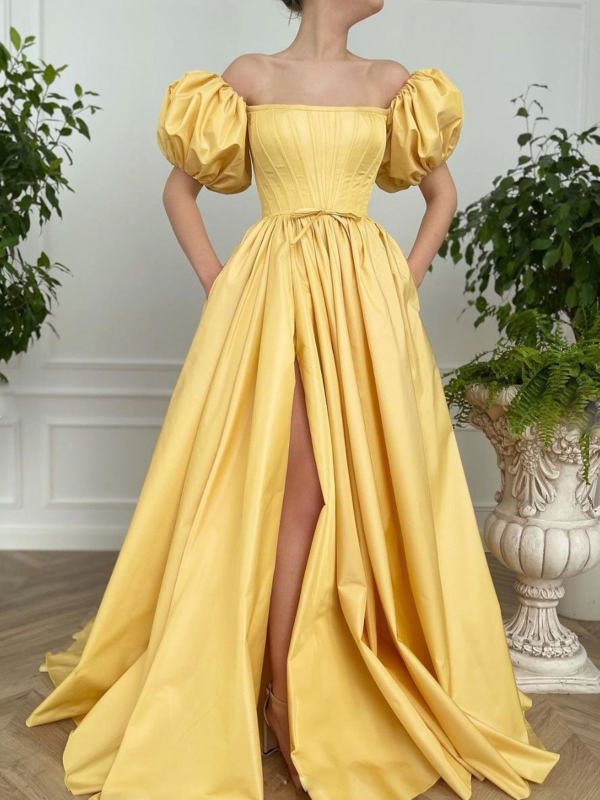 Off Shoulder Yellow Satin Long Prom Dresses with High Slit, Off the Shoulder Yellow Formal Evening Dresses 