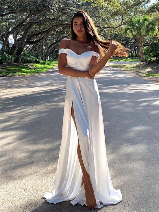 Off the Shoulder High White Long Prom Dresses, Off Shoulder White Formal Dresses, Evening Dresses