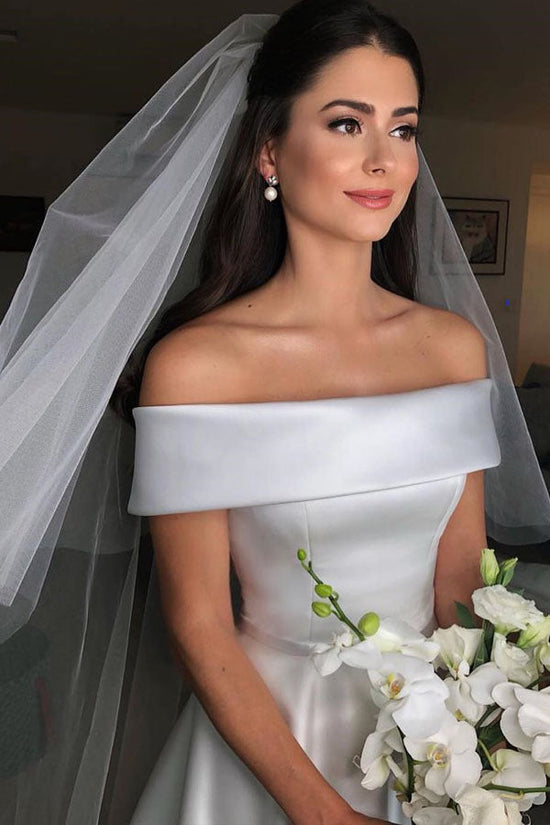 Off The Shoulder Ivory Satin Wedding Dress With Zipper Button