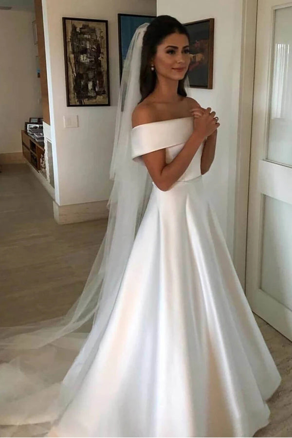 Off The Shoulder Ivory Satin Wedding Dress With Zipper Button
