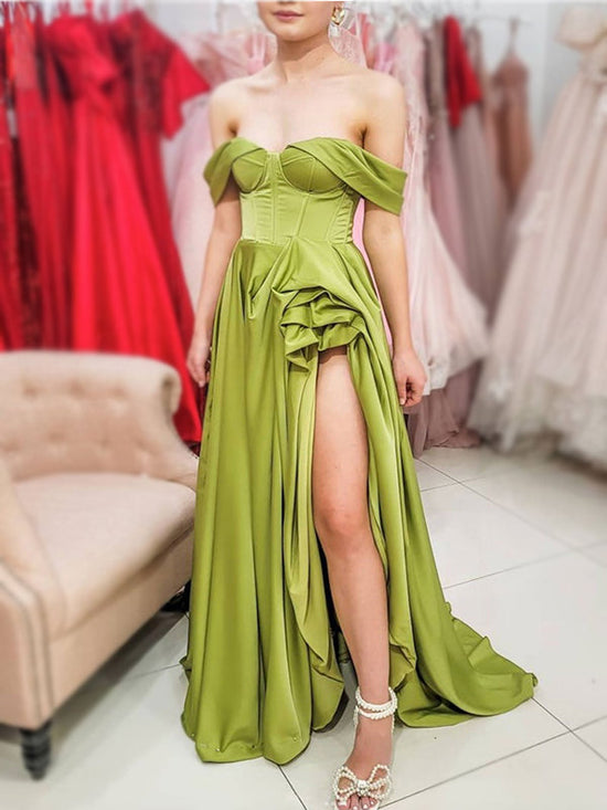 Off The Shoulder Lime Green Satin Prom Dresses With Side Slit