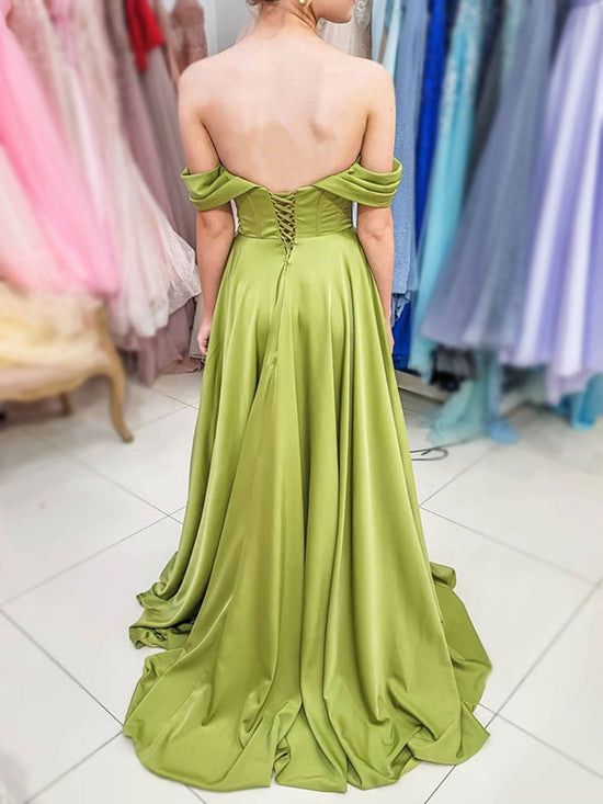 Off The Shoulder Lime Green Satin Prom Dresses With Side Slit