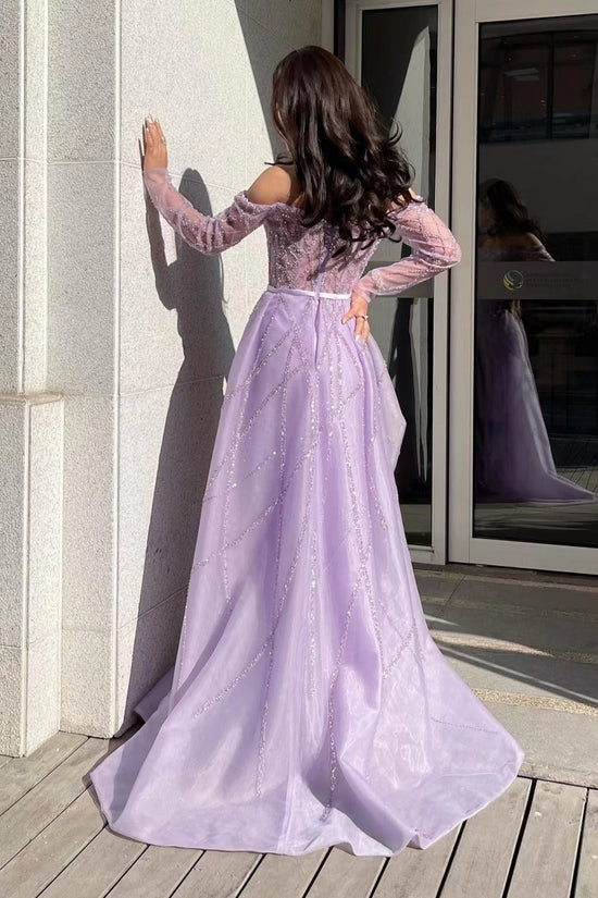 Off-The-Shoulder Long Sleeves Lilac Tulle Prom Dress Mermaid With Beads