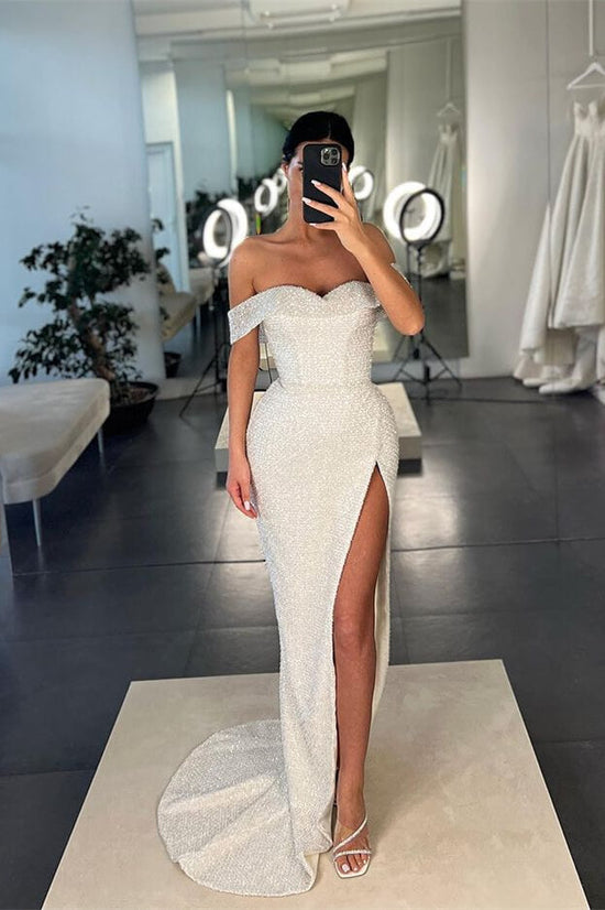 Off-the-Shoulder Mermaid Sequins Prom Dress With Split in White