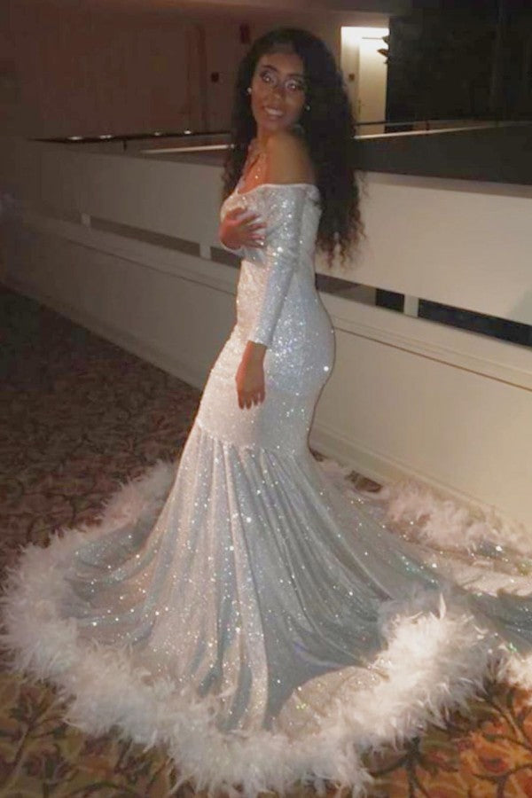 Off-the-Shoulder Sequins Mermaid Long Prom Dress With Feather & Long Sleeves