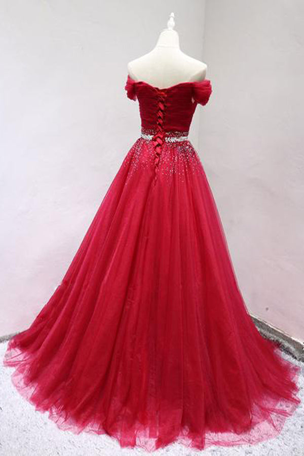 Off The Shoulder Tulle Long Prom Dress With Beading