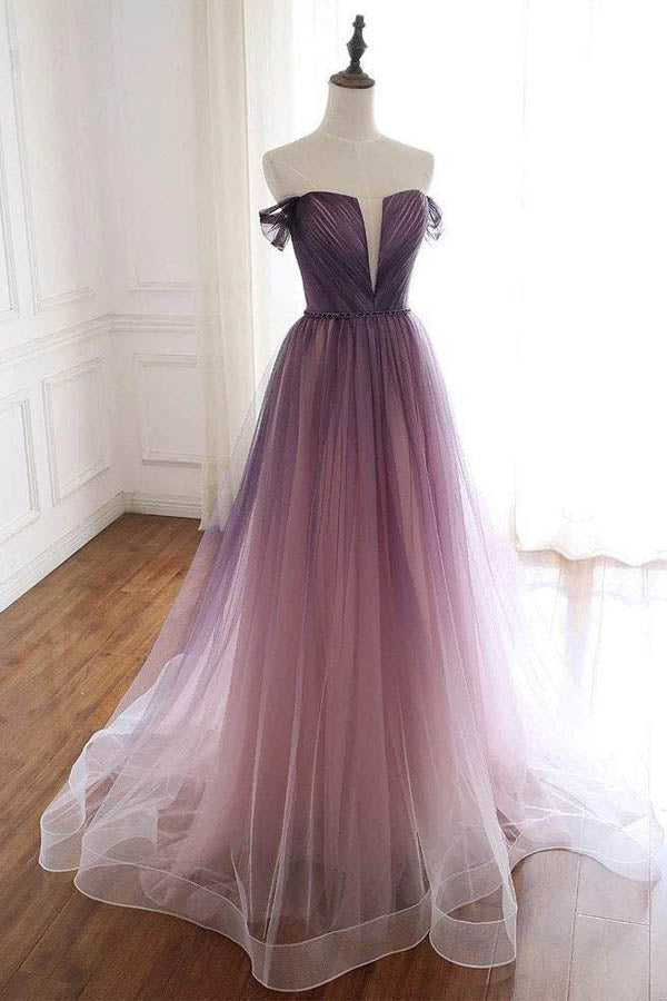 Off The Shoulder Tulle Prom Dress Purple Evening Dress