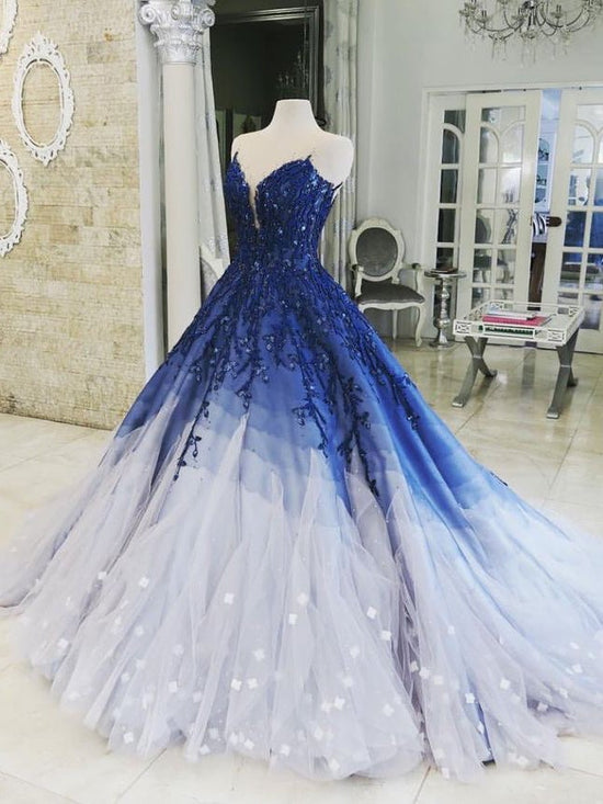 Ombre Ball Gown Lace Appliqued Long Prom Dress