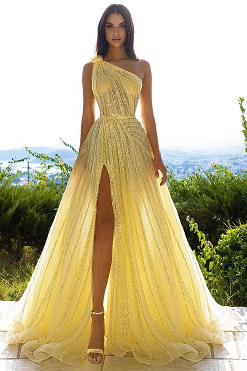 One Shoulder Prom Dress With Front Split - Daffodil Sequins