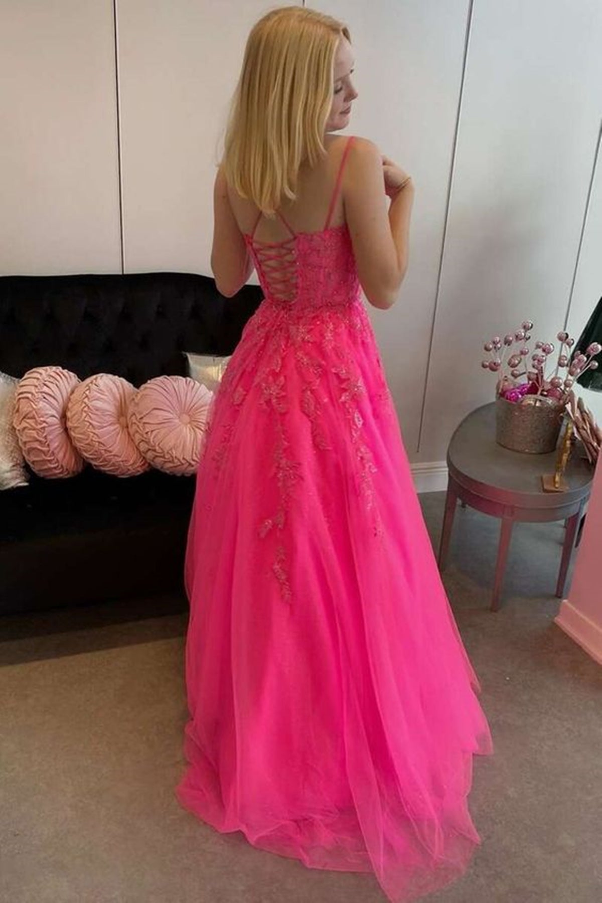 Open Back Hot Pink Tulle Lace Long Prom Dresses, Hot Pink Lace Formal Graduation Evening Dresses 
