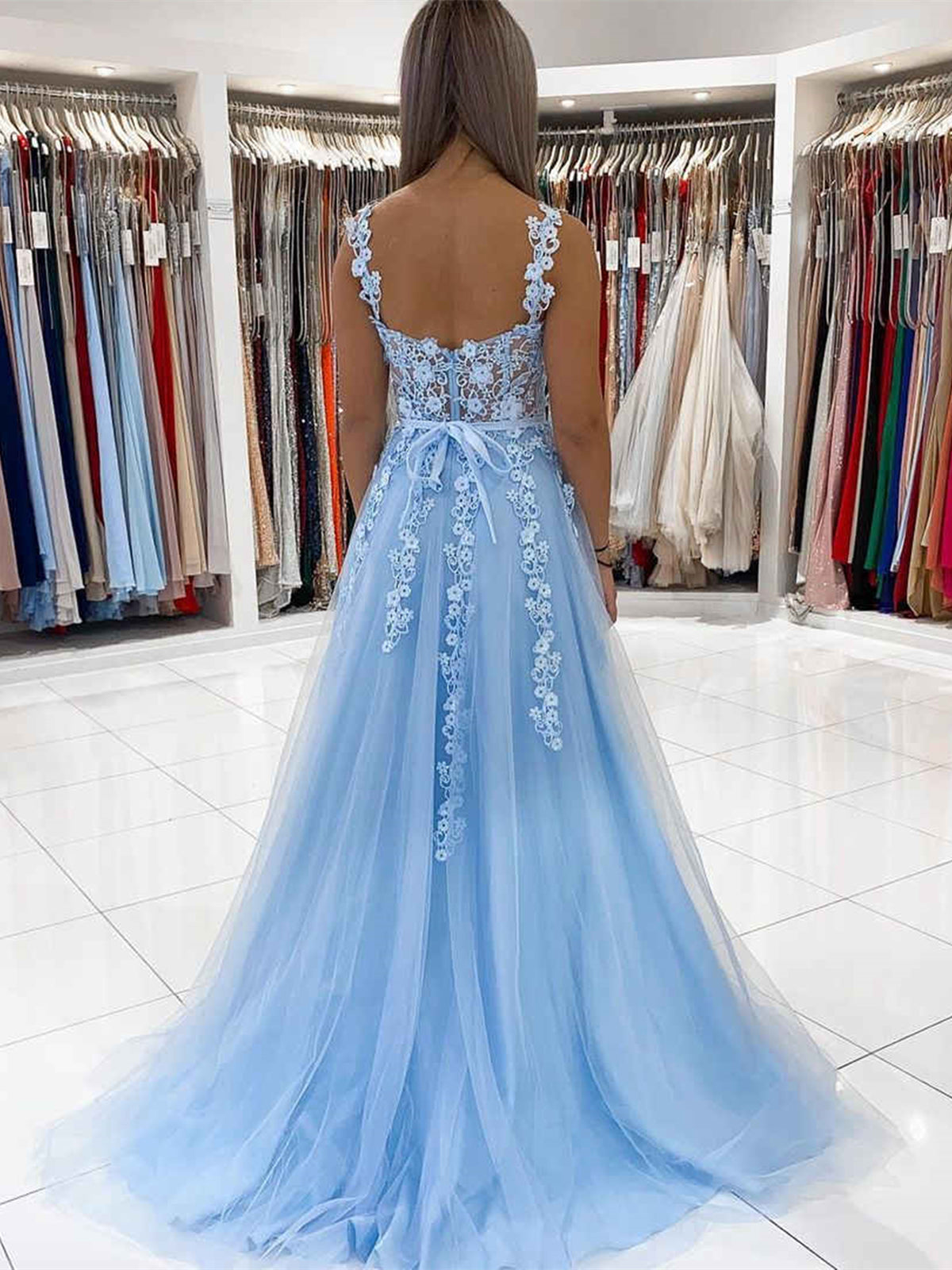 Open Back Light Blue Tulle Lace Floral Long Prom Dresses, Light Blue Lace Formal Graduation Evening Dresses with 3D Flowers 
