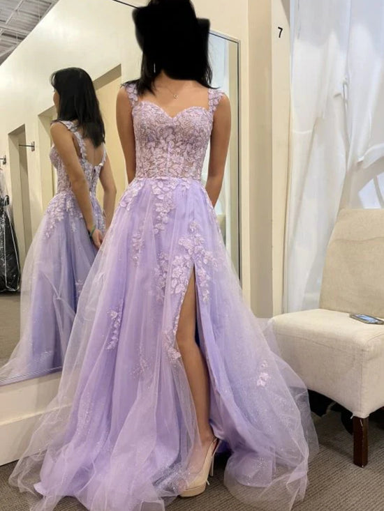 Open Back Lilac Lace Long Prom Dresses with High Slit, Purple Lace Tulle Formal Evening Dresses, Lilac Ball Gown 