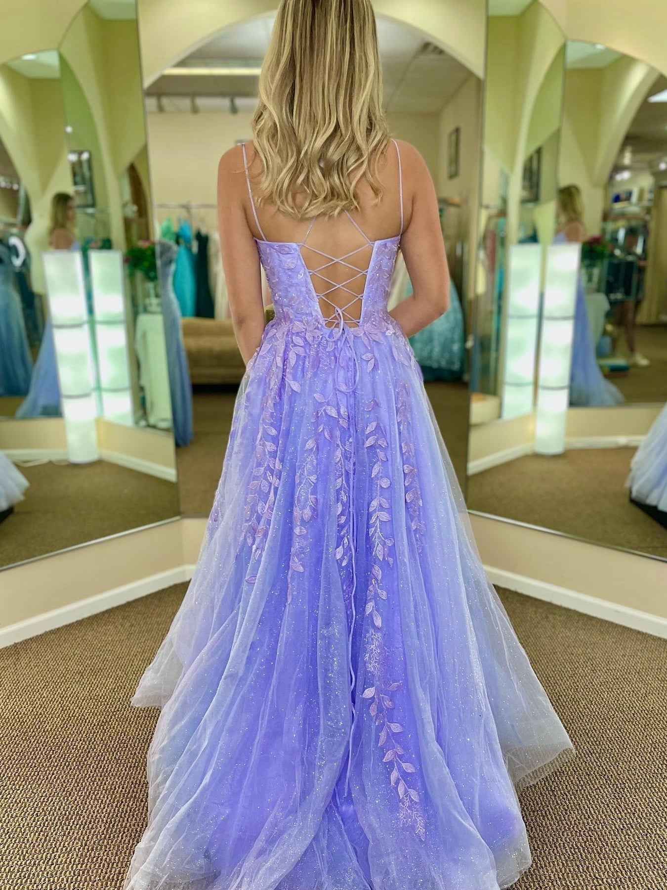 Open Back Purple Lace Tulle Long Prom Dresses, Purple Lace Formal Dresses, Purple Evening Dresses 