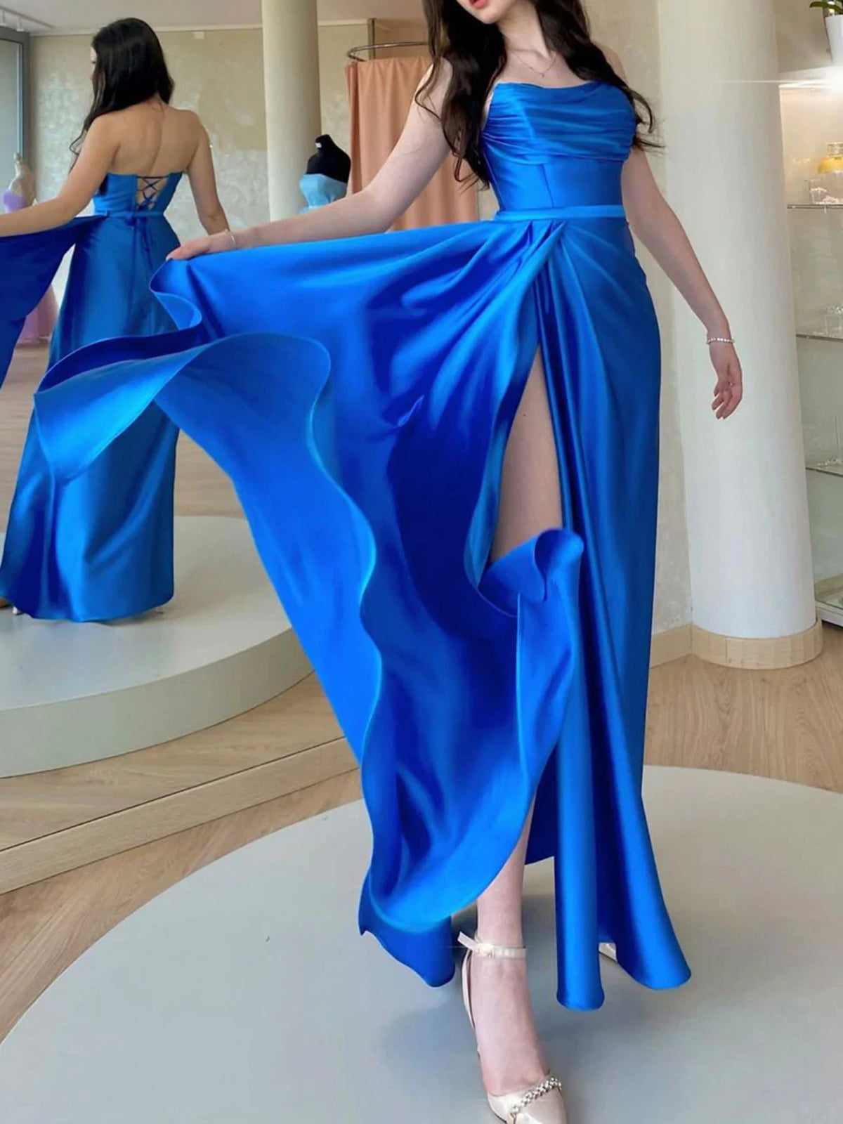 Open Back Royal Blue Long Prom Dresses with High Slit, Long Blue Formal Graduation Evening Dresses 