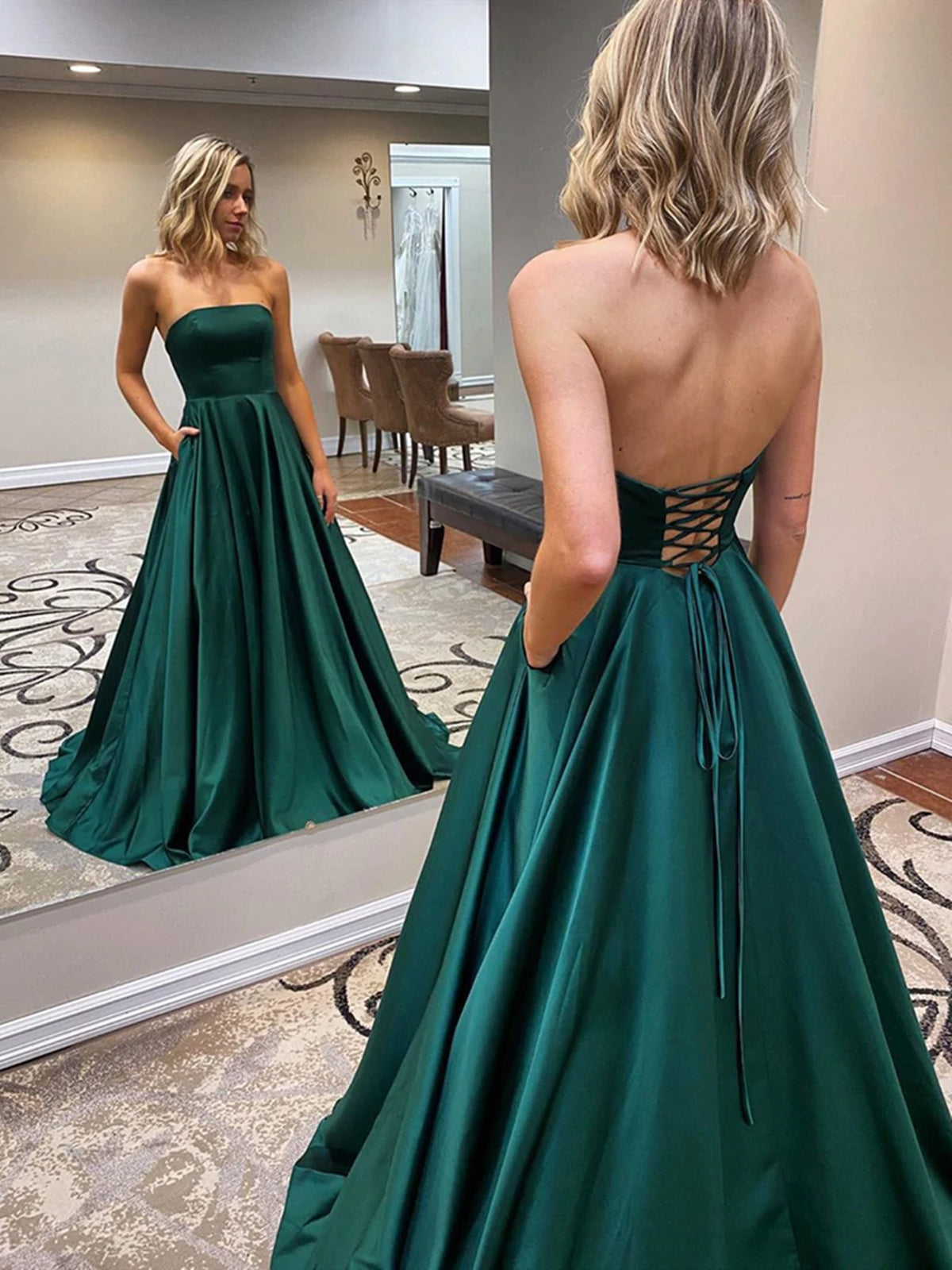 Load image into Gallery viewer, Open Back Strapless Green Satin Long Prom Dresses with Pocket, Strapless Green Formal Graduation Evening Dresses 
