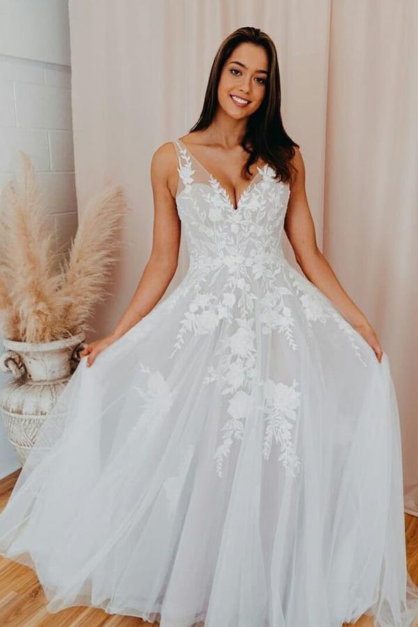 Open Back White Tulle Wedding Dress Appliques Bridal Dress