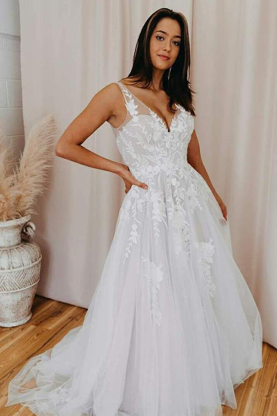 Open Back White Tulle Wedding Dress Appliques Bridal Dress