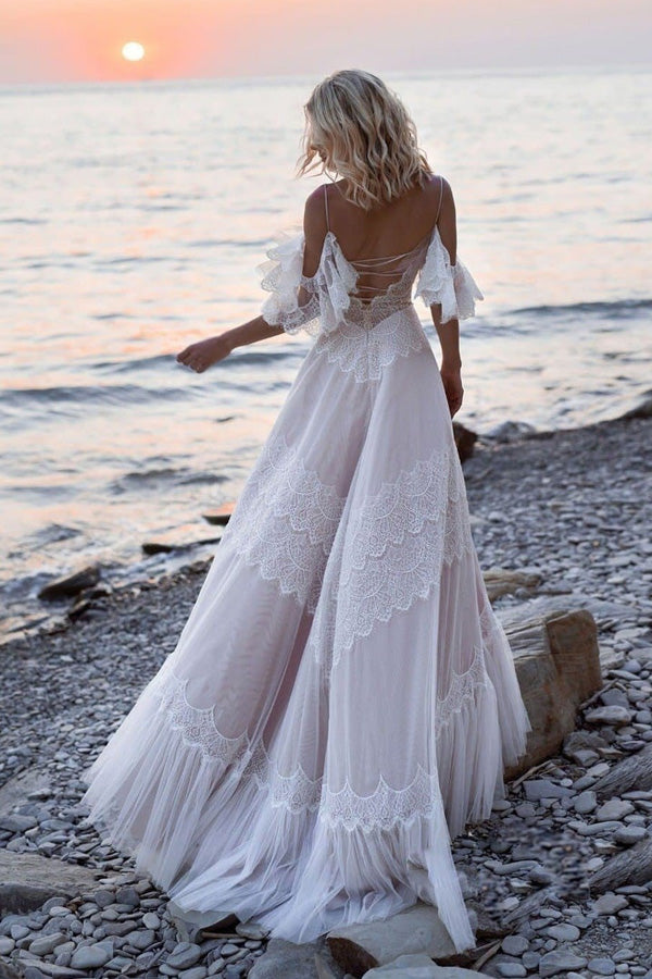 Open Shoulder Boho Wedding Dress Lace Beach Bridal Gown