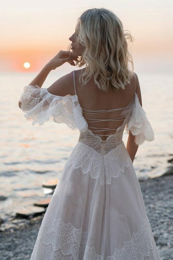 Open Shoulder Boho Wedding Dress Lace Beach Bridal Gown