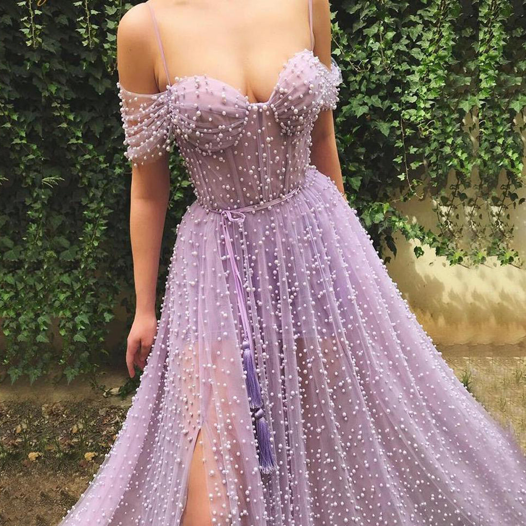 Open Shoulder Sweetheart Prom Dress Beading Evening Dress With Slit