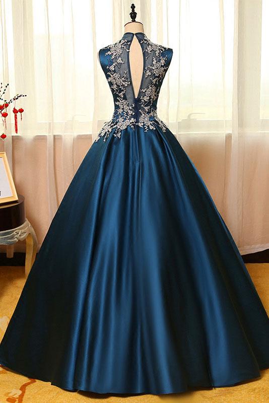 Peacock Blue Satin High Neck Prom Dress With Lace Appliques
