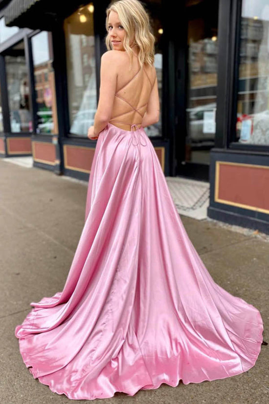 Pink A-line Croset Back Long Prom Dress With Pocket