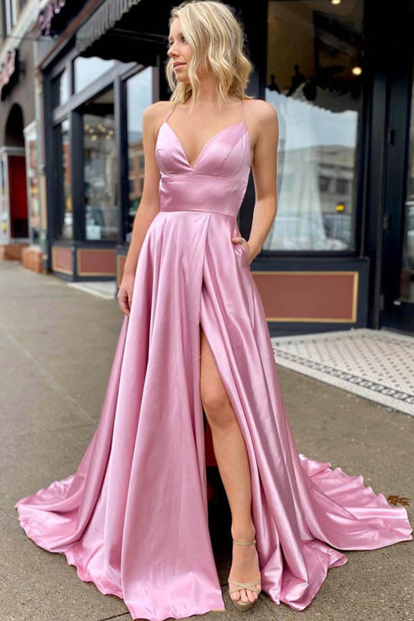 Pink A-line Croset Back Long Prom Dress With Pocket