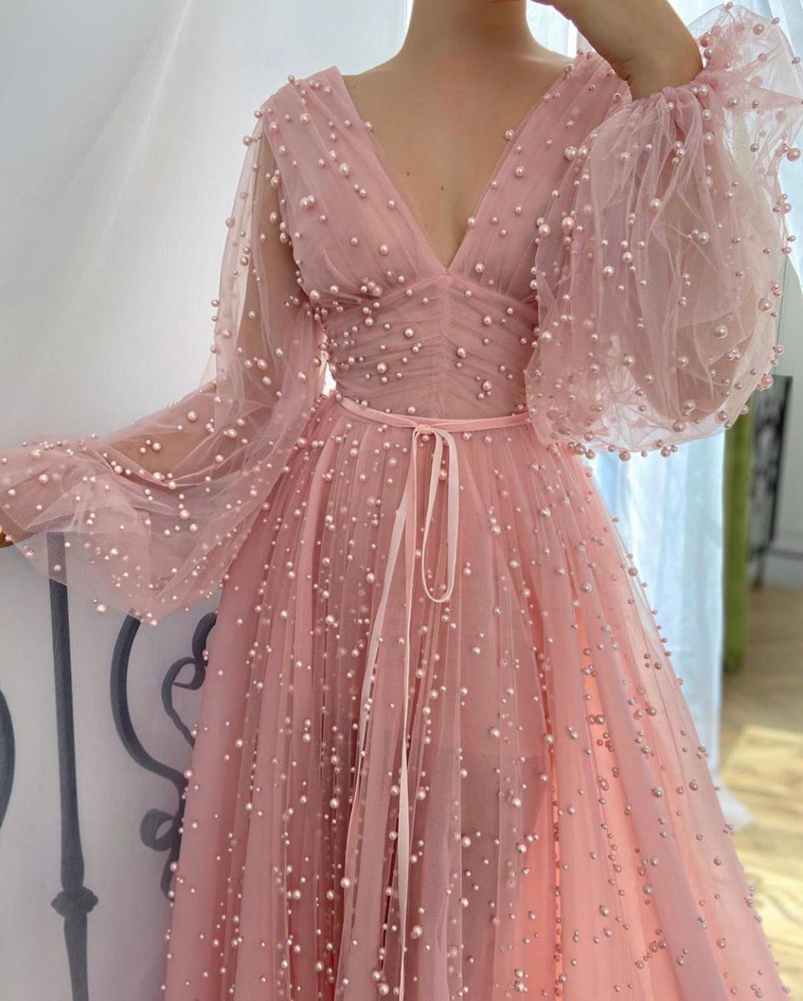 Pink A-line Long Sleeve Beads Prom Dress Long Party Dress