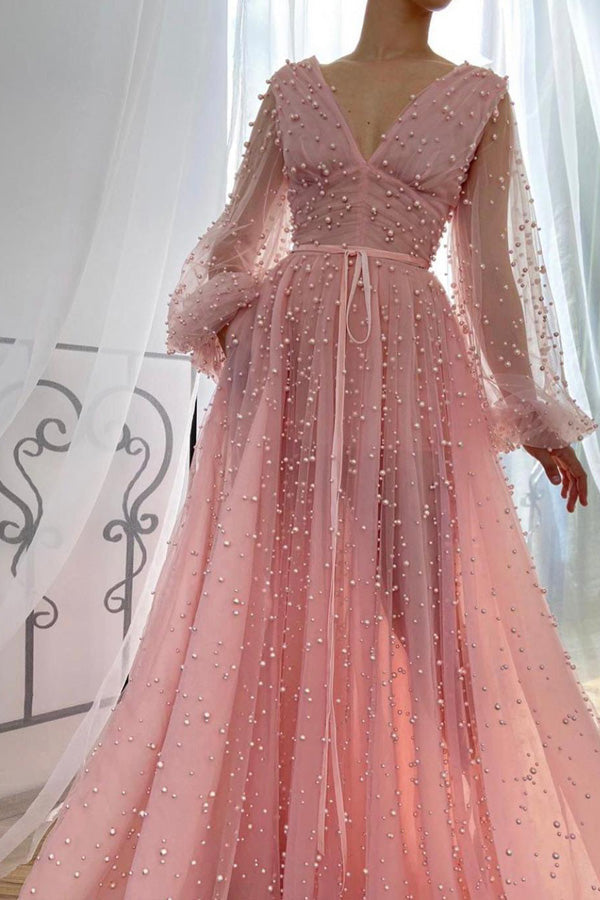 Pink A-line Long Sleeve Beads Prom Dress Long Party Dress