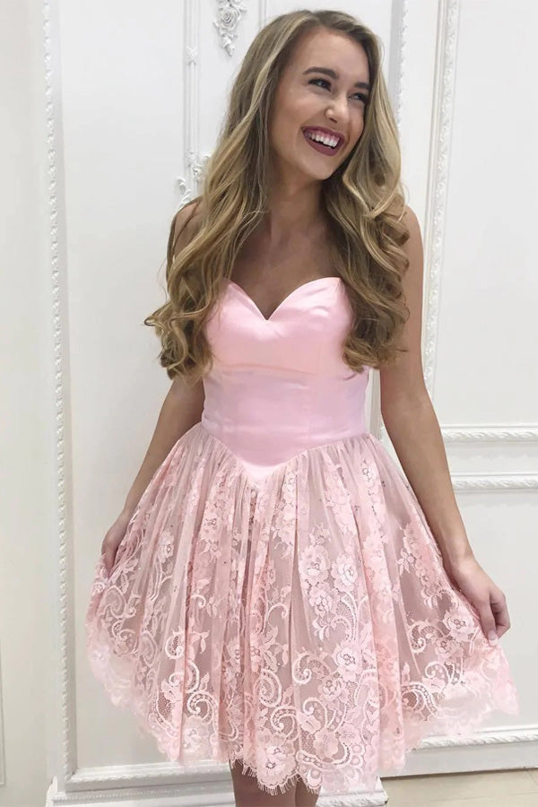 Pink A Line Sweetheart Lace Short Homecoming Dress Short Party Dress WD256