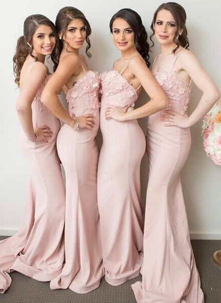 Pink Mermaid 3D-Floral-Appliques Spaghettis-Straps Bridesmaid Dresses