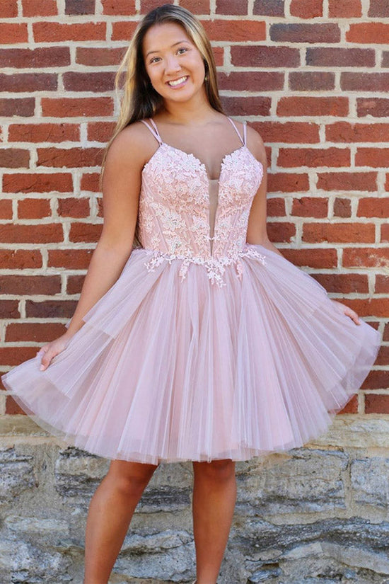 Pink Tulle Lace Appliques Short Homecoming Dress With Beading WD244 winkbridal