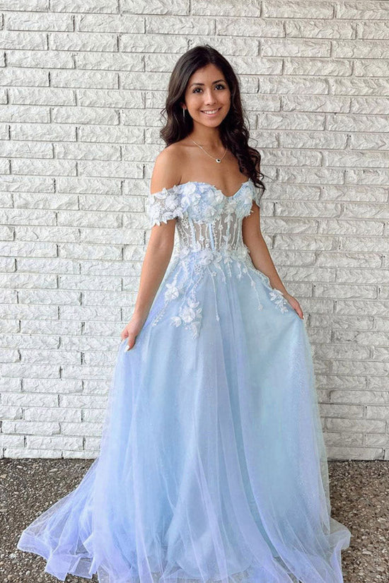 Pretty Off The Shoulder Tulle Long Prom Dress With Appliques
