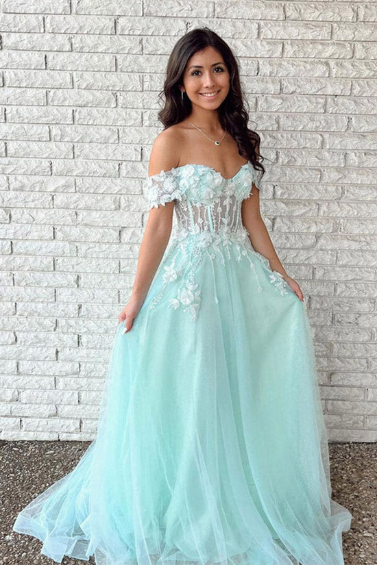 Pretty Off The Shoulder Tulle Long Prom Dress With Appliques