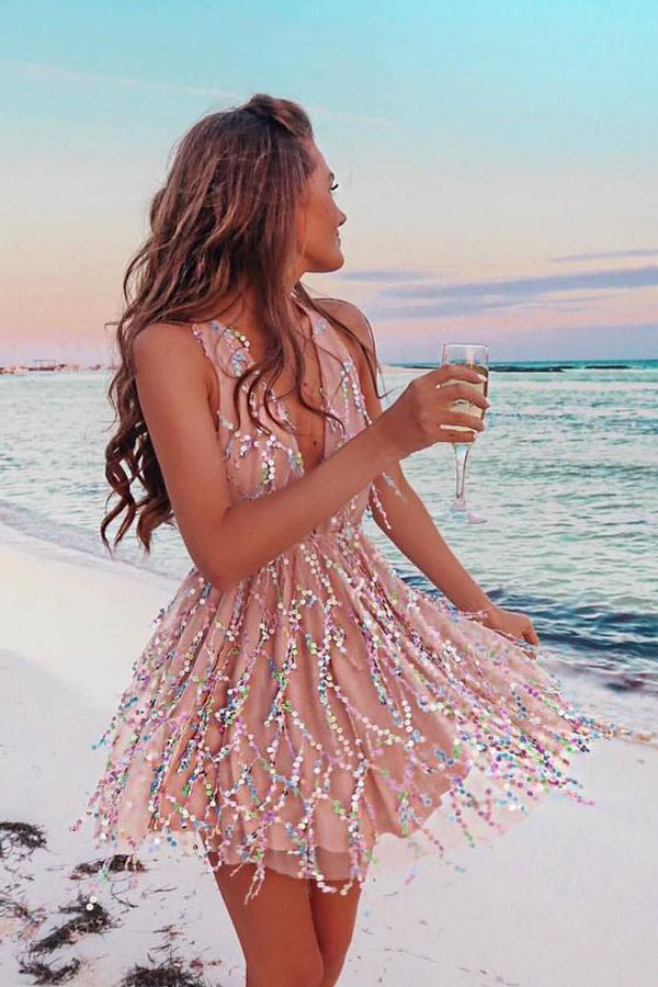Pretty Sequins Party Dress Deep V Neck Short Homecoming Dress WD112 winkbridal