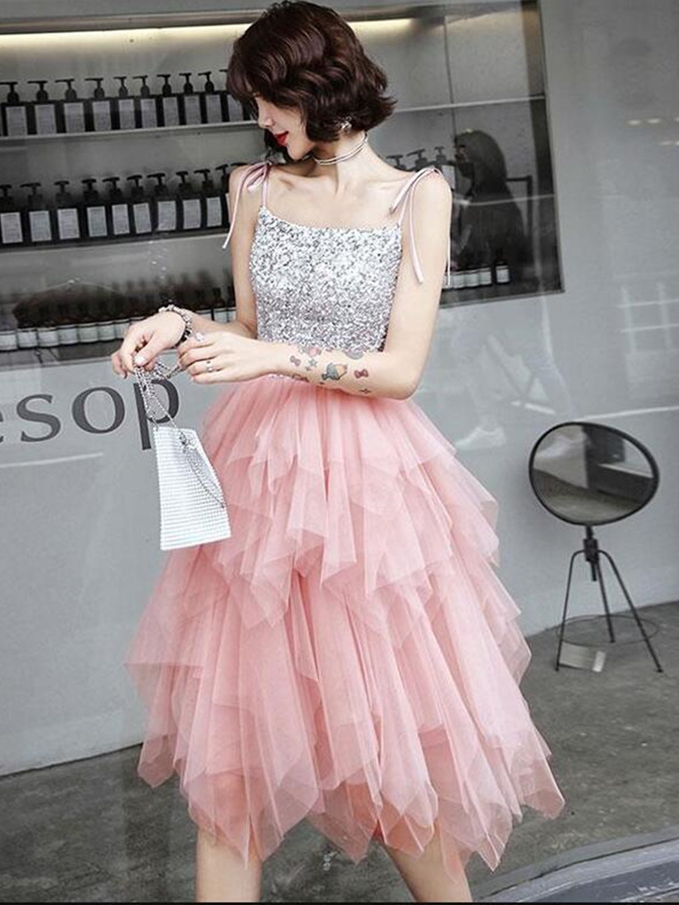 Pretty Sequins Pink Tulle Short Prom Dresses, Layered Pink Tulle Homecoming Dresses, Pink Formal Evening Dresses 