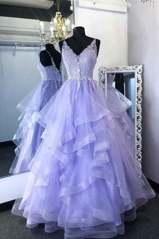 Puffy Lilac V Neck Long Prom Dress Tulle Formal Dress With Ruffles