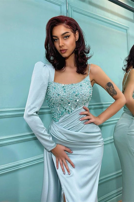 Prom Dress with Long Sleeves Sequins Mermaid Silhouette and Slit